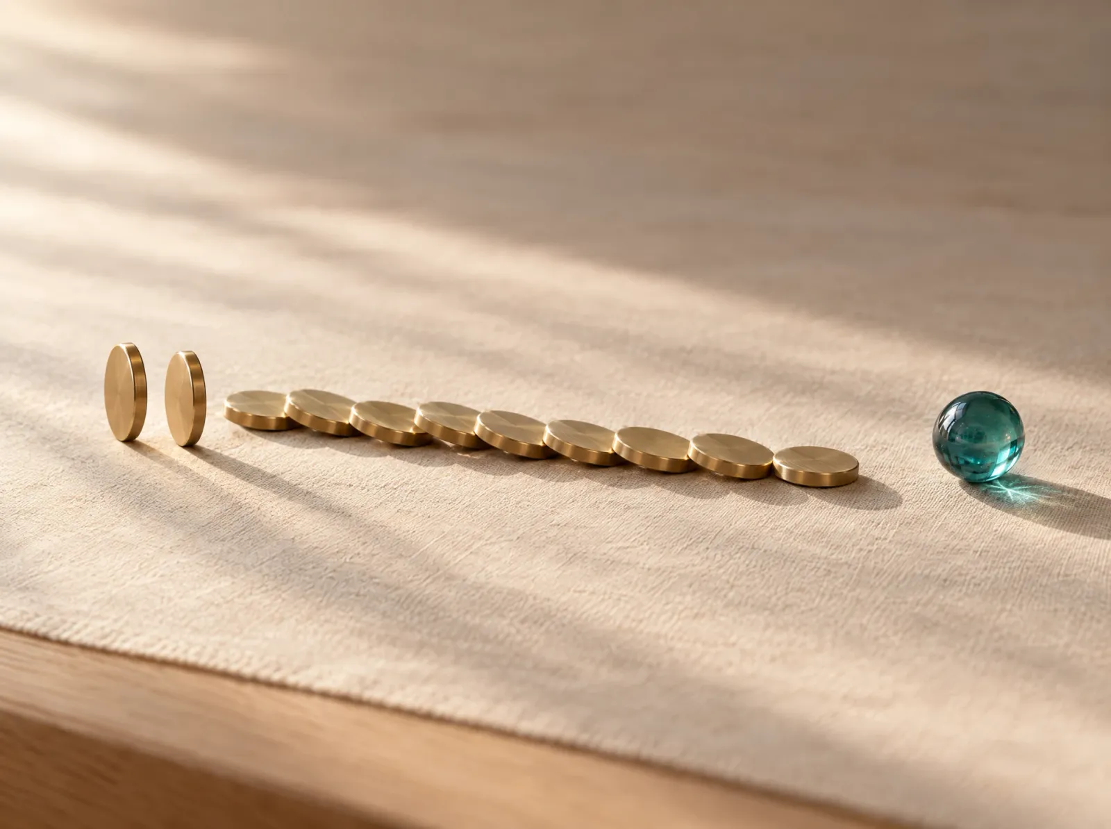 A row of small brass tokens, most tipped over, with a single teal marble resting apart from them